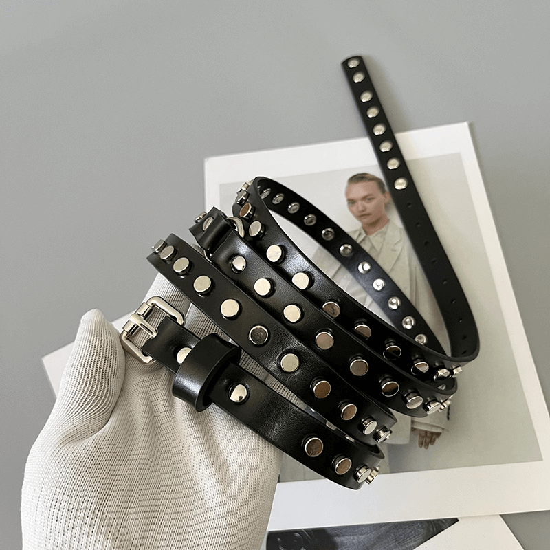 Punk Style Rivets Decoration Thin Belt / Fashion Narrow Long Belt - HARD'N'HEAVY