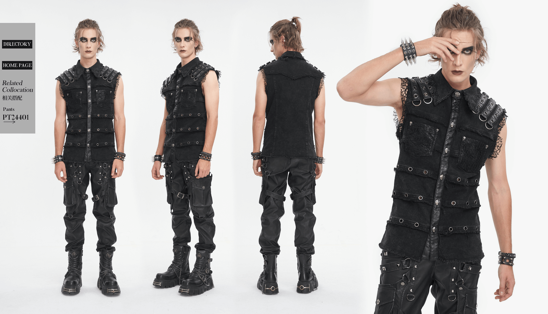 Punk style sleeveless black studded vest for men, showcasing gothic fashion with rivets and edgy design.