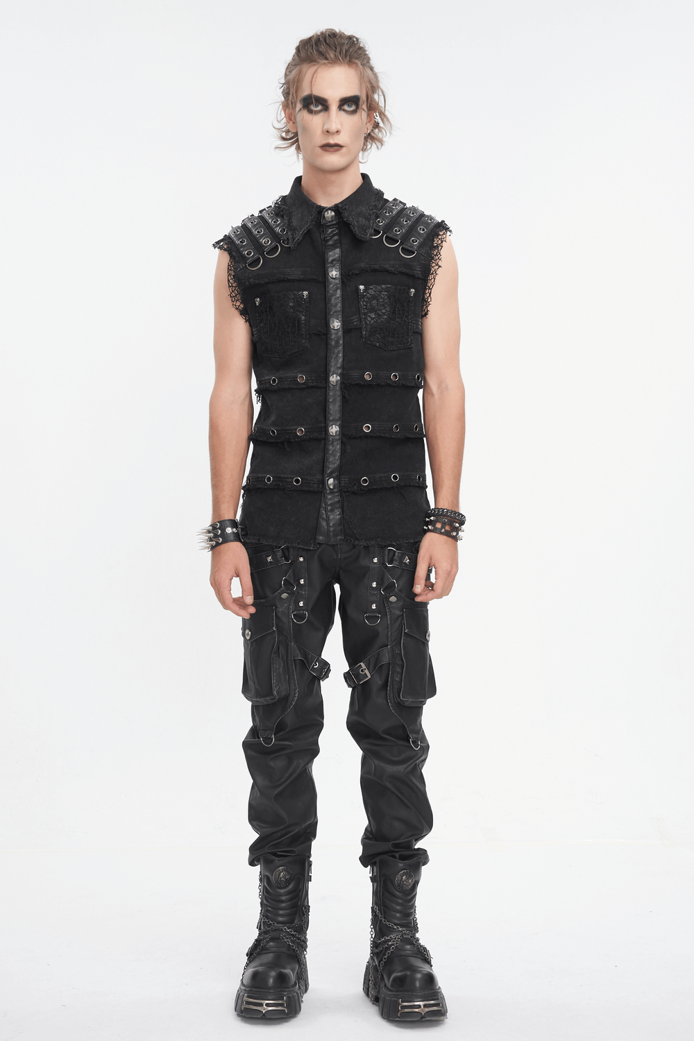 Men's black sleeveless studded vest with gothic style, styled for a punk look at events.
