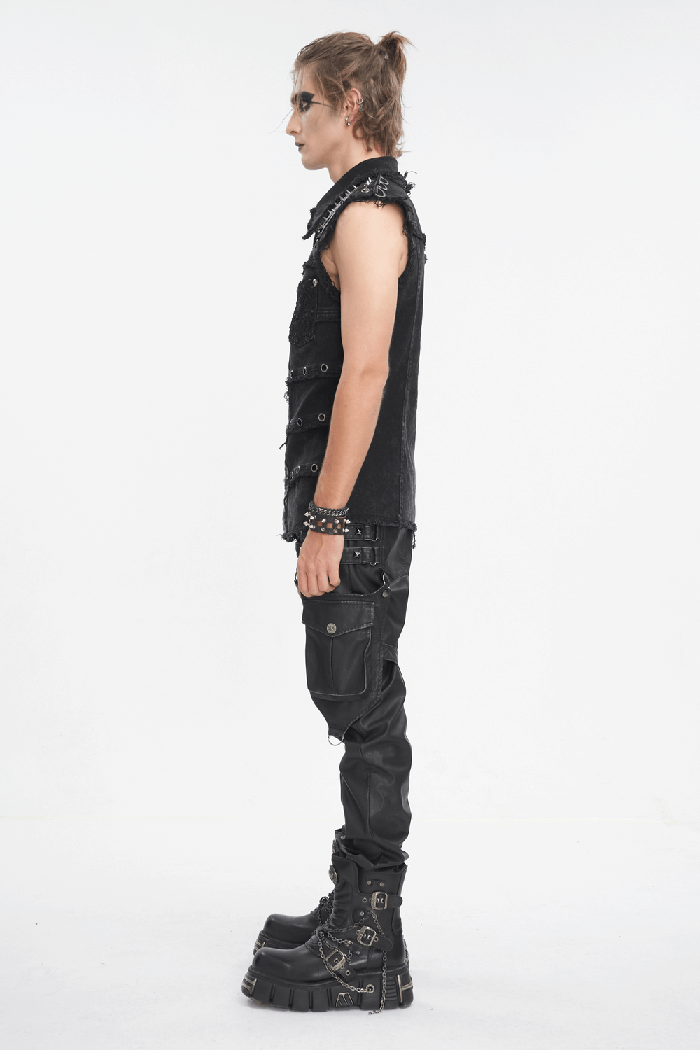 Men's Punk Style Sleeveless Black Studded Vest with edgy pants and bold boots for a striking gothic look.