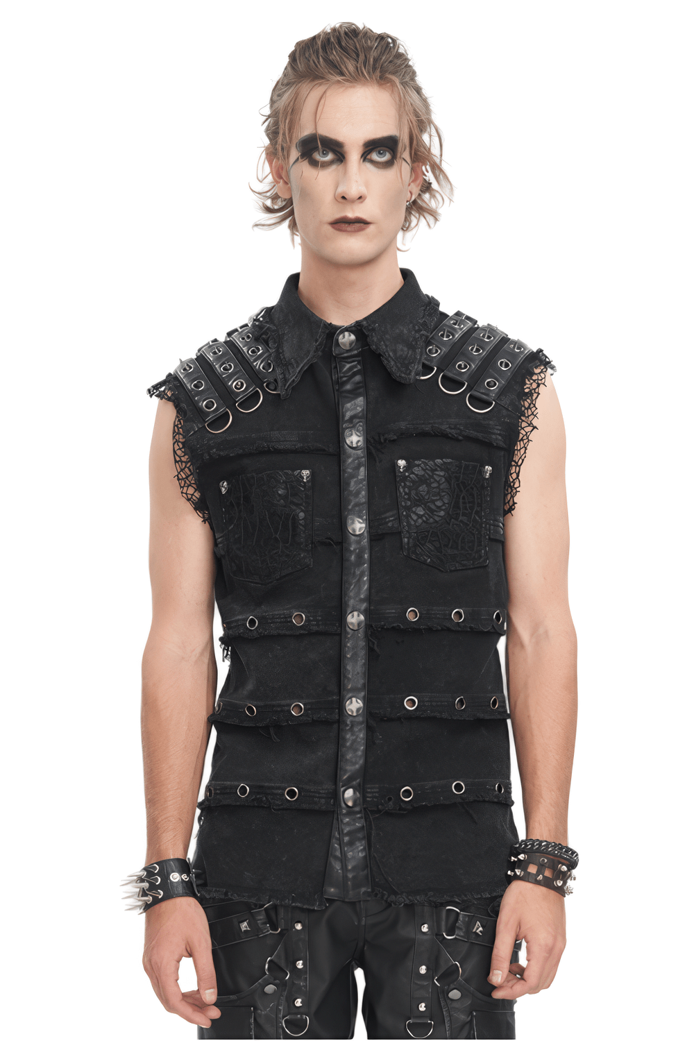 Punk style sleeveless black studded vest for men with gothic accents and riveted design.