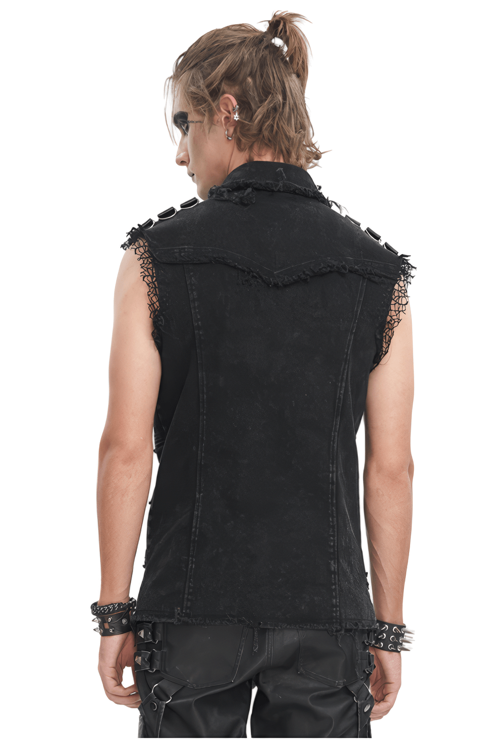 Back view of a sleeveless black studded vest for men, showcasing gothic punk style with lace accents.