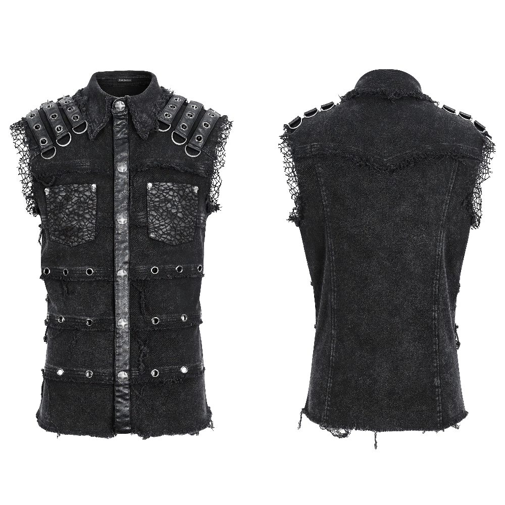 Punk style sleeveless black studded vest for men with rivets and lace accents, perfect for gothic fashion.