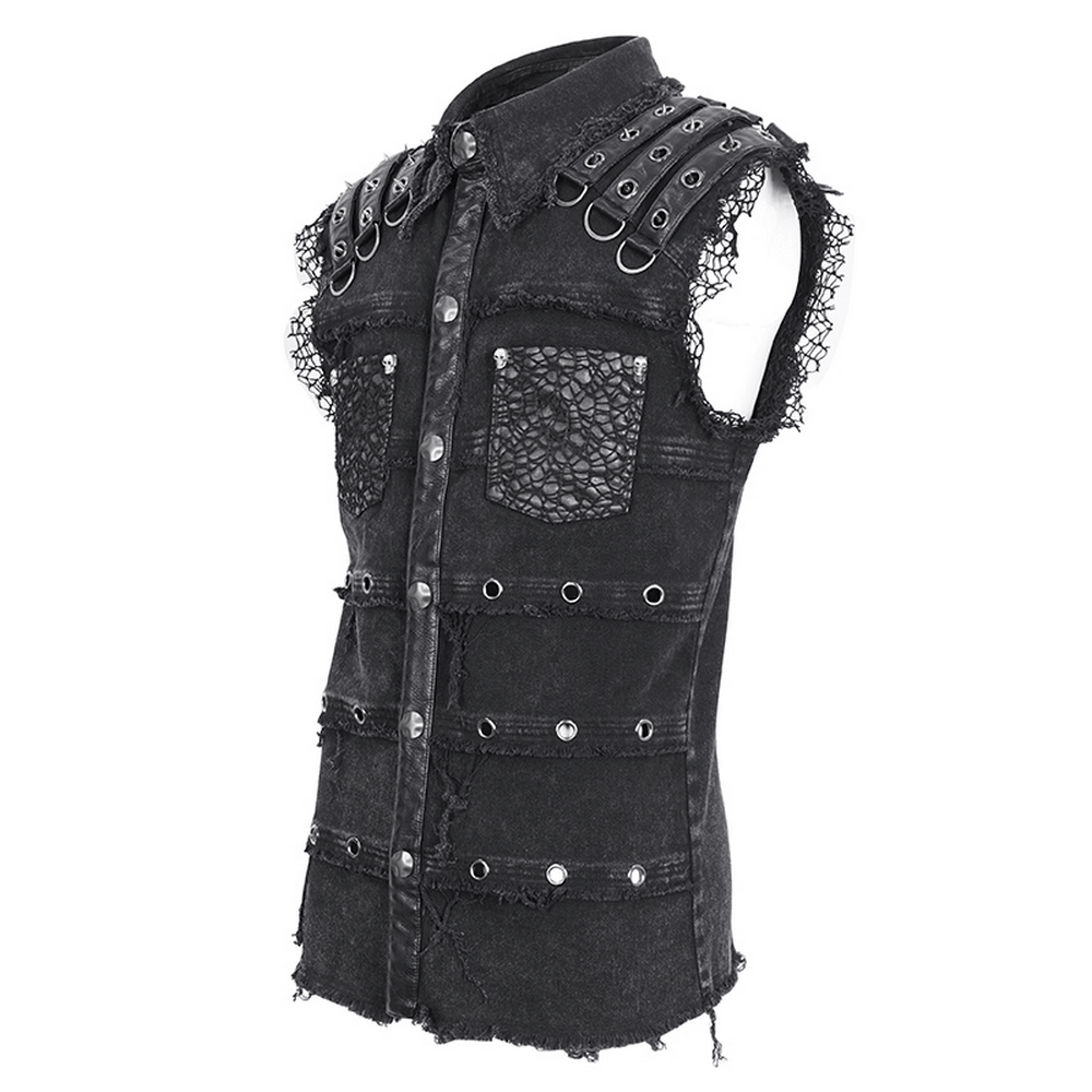 Punk style sleeveless black studded vest for men with lace accents and riveted design.