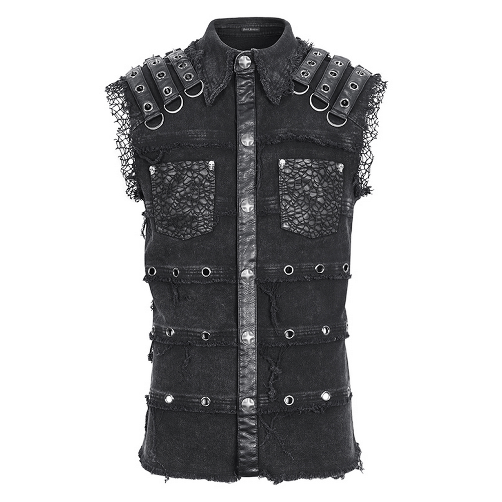 Punk style sleeveless black studded vest for men with unique rivets and lace accents, perfect for gothic fashion.