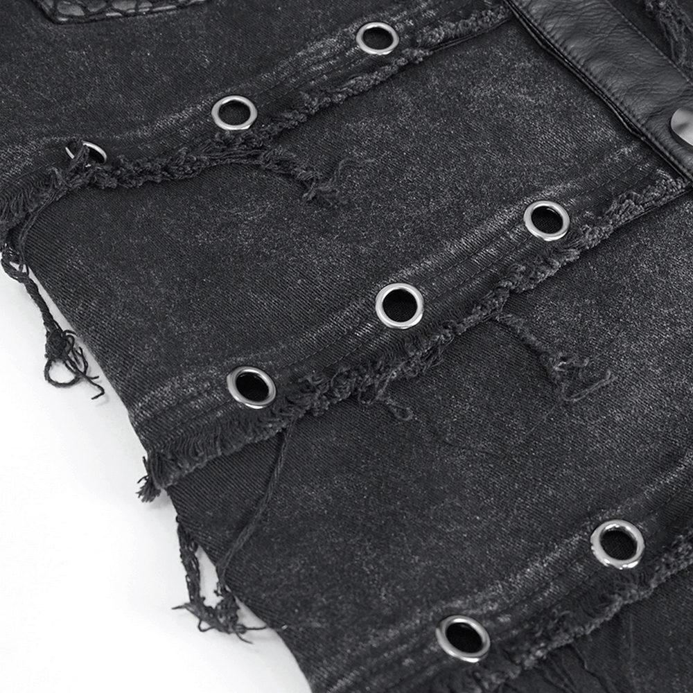 Close-up of a Gothic Punk sleeveless black vest with rivets and lace detailing, perfect for edgy fashion.