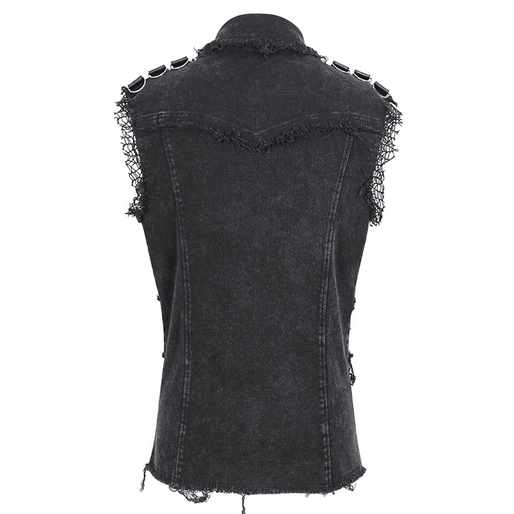 Back view of a punk style sleeveless black studded vest for men with frayed edges and lace accents.