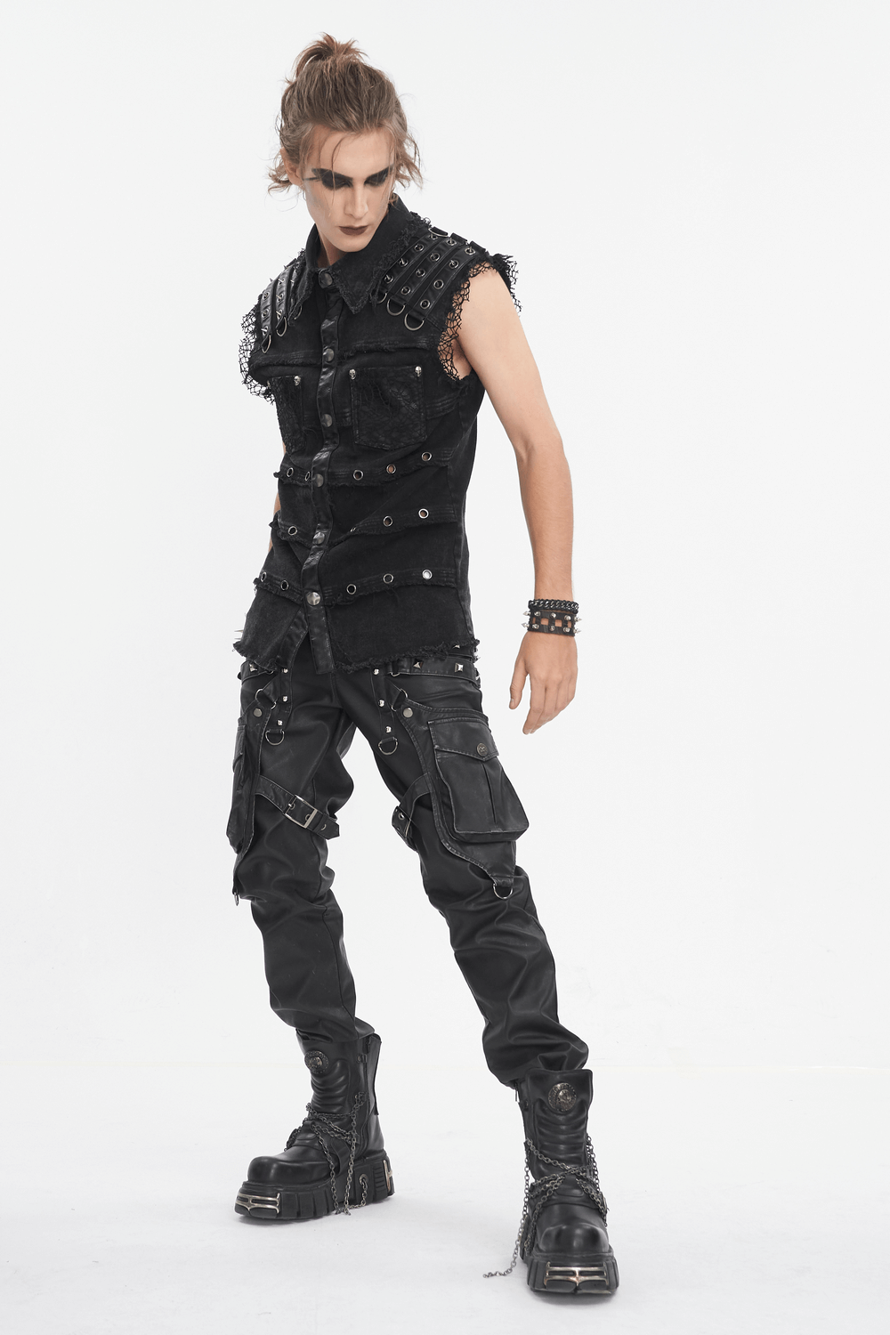 Punk style sleeveless black studded vest for men, featuring riveted design and gothic vibe.