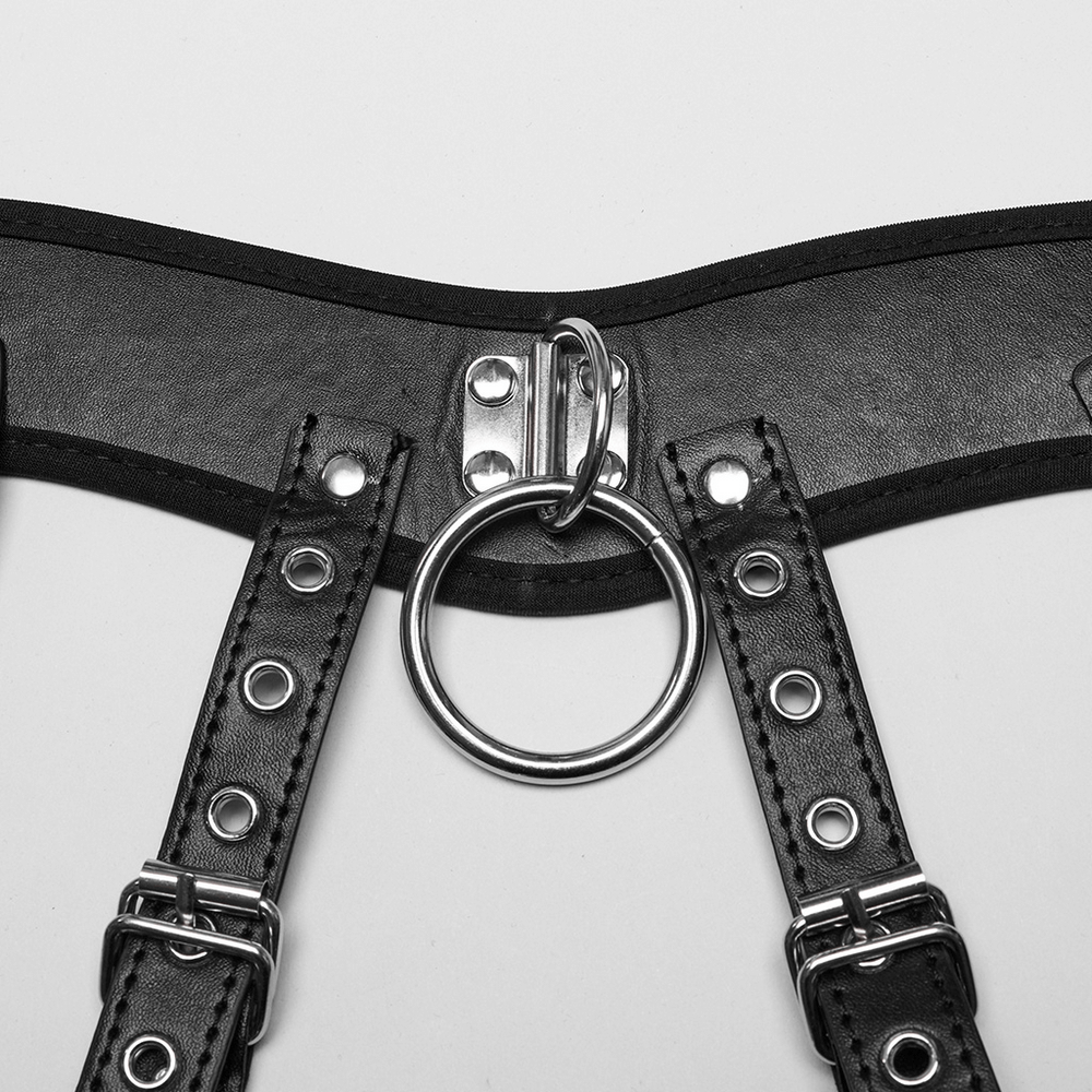 Punk-Style Synthetic Leather Bra Harness with Circular Ring and Metal Accents - Edgy Fashion Accessory for Women