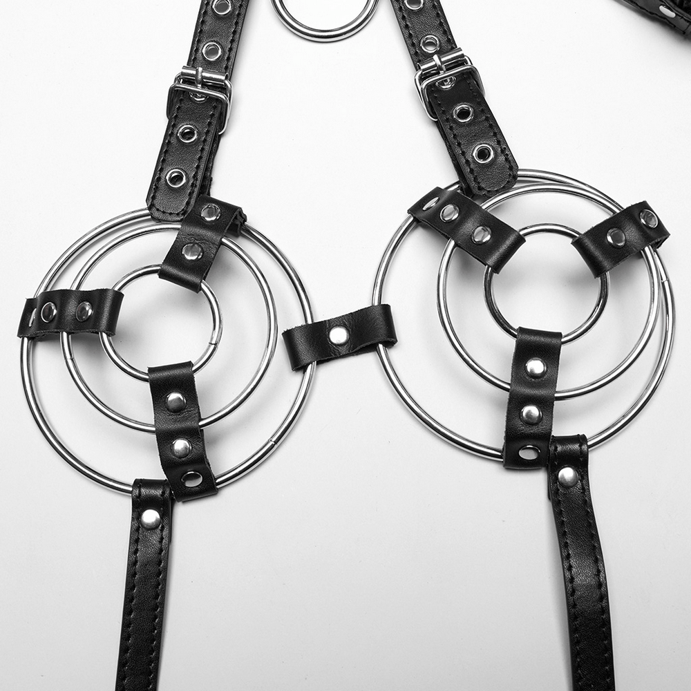 Punk-style synthetic leather bra harness with edgy circular rings and metal accents for women.