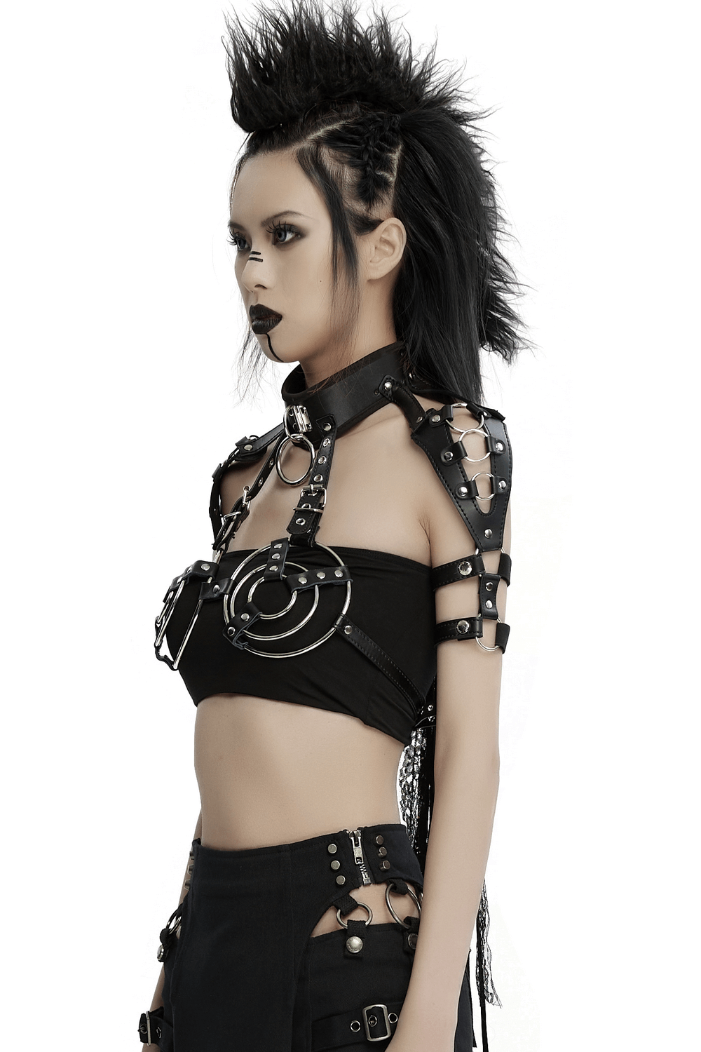 Punk-Style Synthetic Leather Bra Harness for Women with Edgy Circular Ring Design and Metal Accents, Side View.