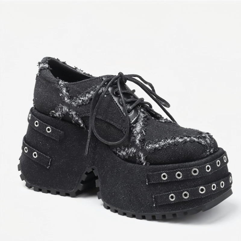 Punk Style Thick High Platform Shoes with Buckles and Fringe / Metal Rivets Denim Shoes - HARD'N'HEAVY
