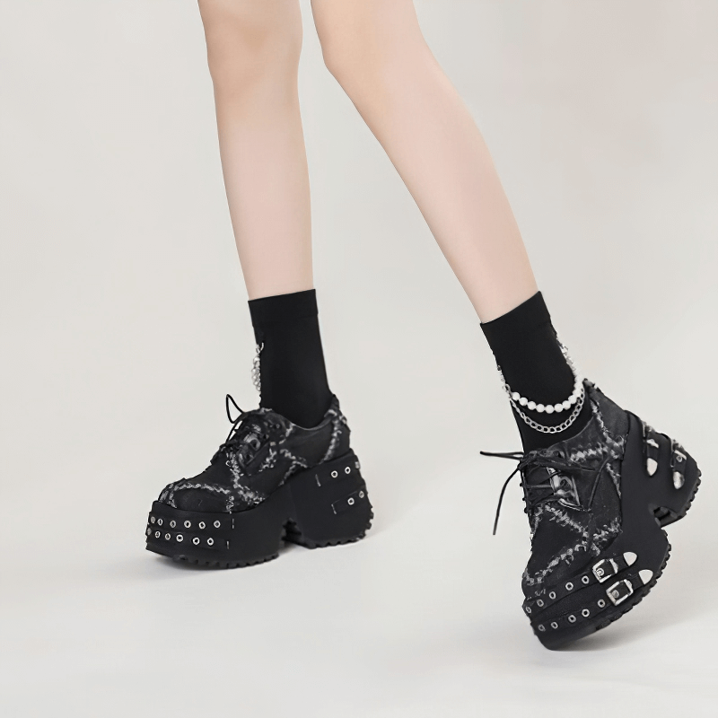 Punk Style Thick High Platform Shoes with Buckles and Fringe / Metal Rivets Denim Shoes - HARD'N'HEAVY