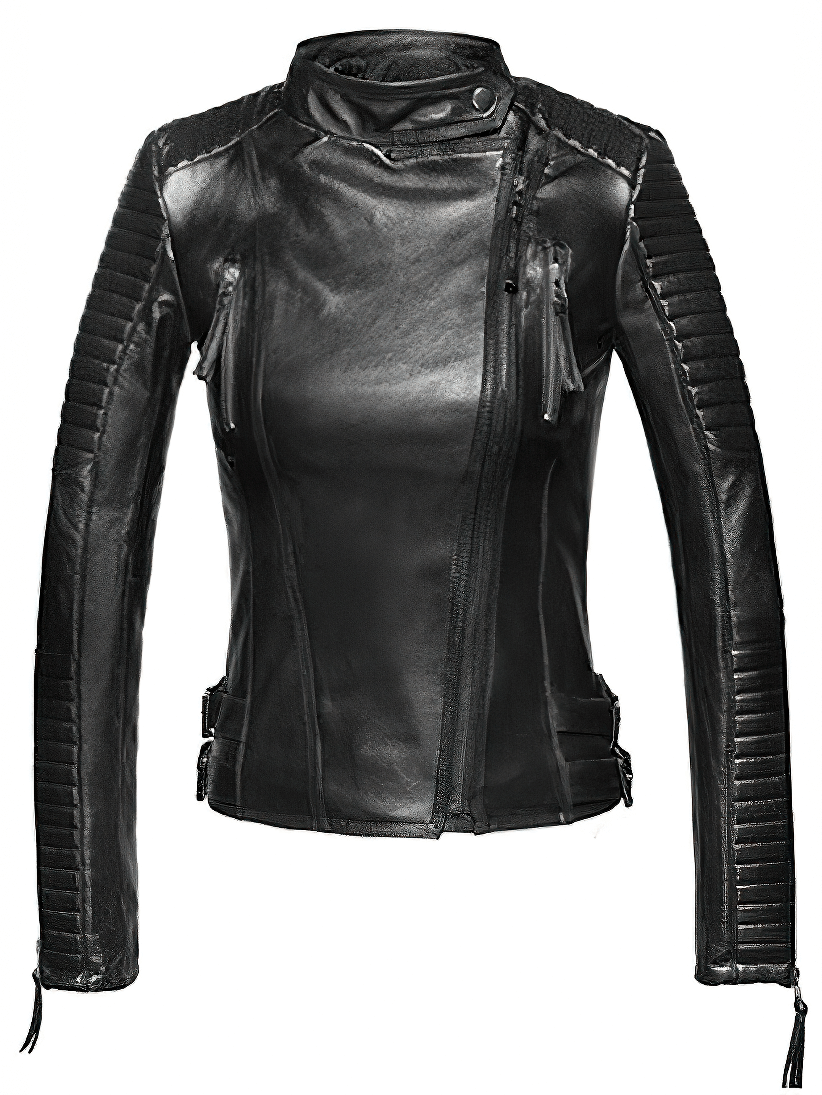 Punk style women's black leather jacket with zippers, perfect for edgy rock outfits.