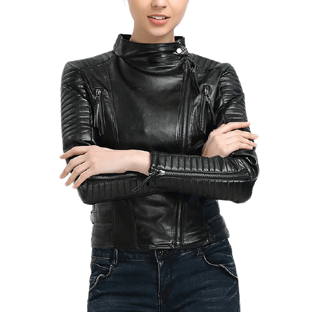 Stylish women's black genuine leather jacket with zippers in rock fashion, perfect for edgy outfits.