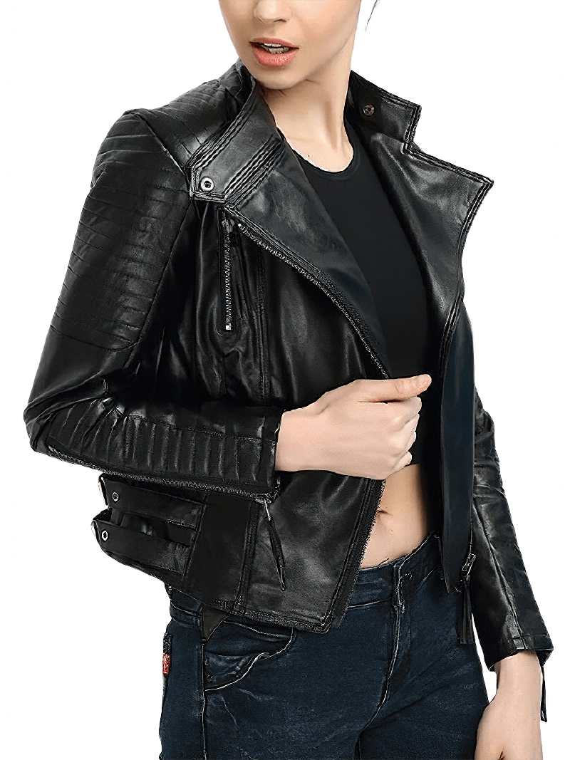 Stylish women's black punk style leather jacket with silver zippers for a trendy rock look.