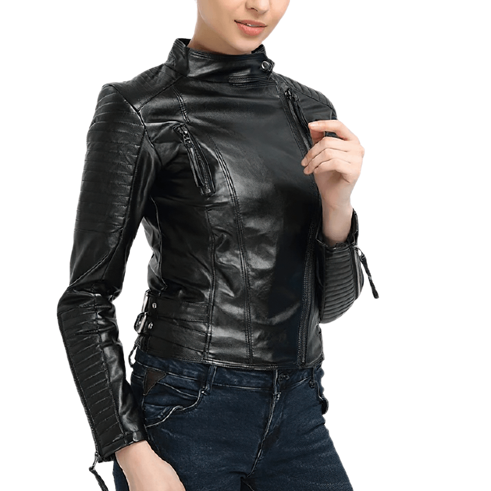 Stylish women's black leather jacket with zippers, perfect for creating rock outfits.