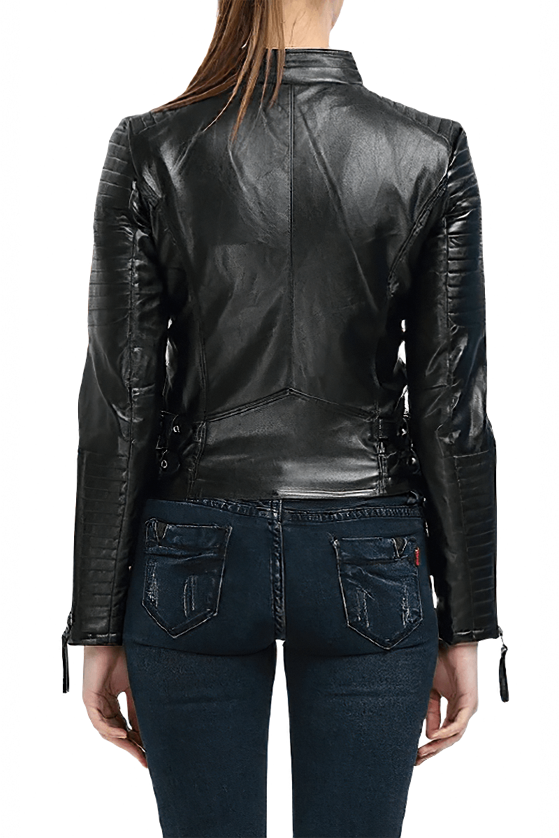 Back view of a women's black leather jacket with stylish silver zippers and quilted details, perfect for rock outfits.