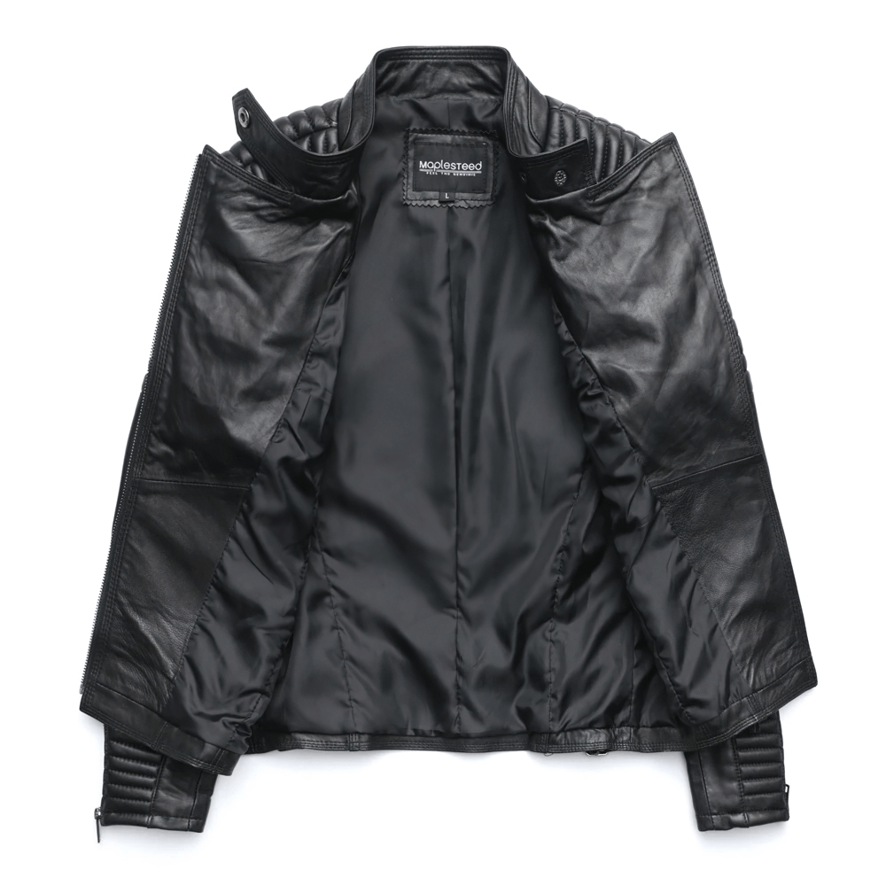 Stylish open black women's genuine leather jacket with silver zipper details and quilted sleeves, perfect for rock outfits.