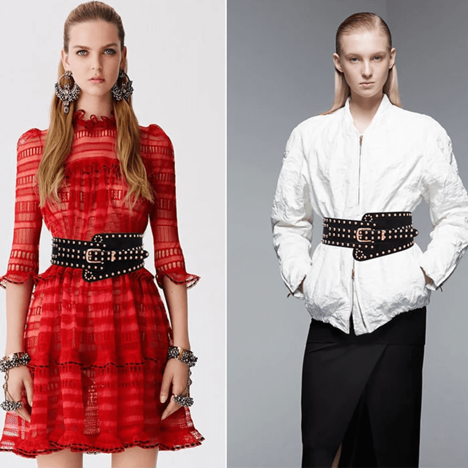 Two models showcasing women's punk style belts, one in a red dress and the other in a white jacket with a wide buckle belt.