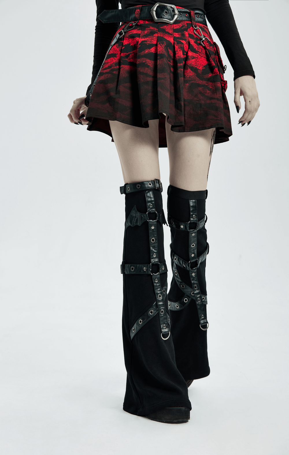Punk-Styled Flared Leg Sleeves with Flame Print and Bat Detail