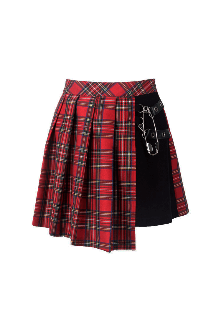 Punk stylish asymmetrical plaid mini skirt in red and black with safety pin detailing, perfect for edgy rock fashion.