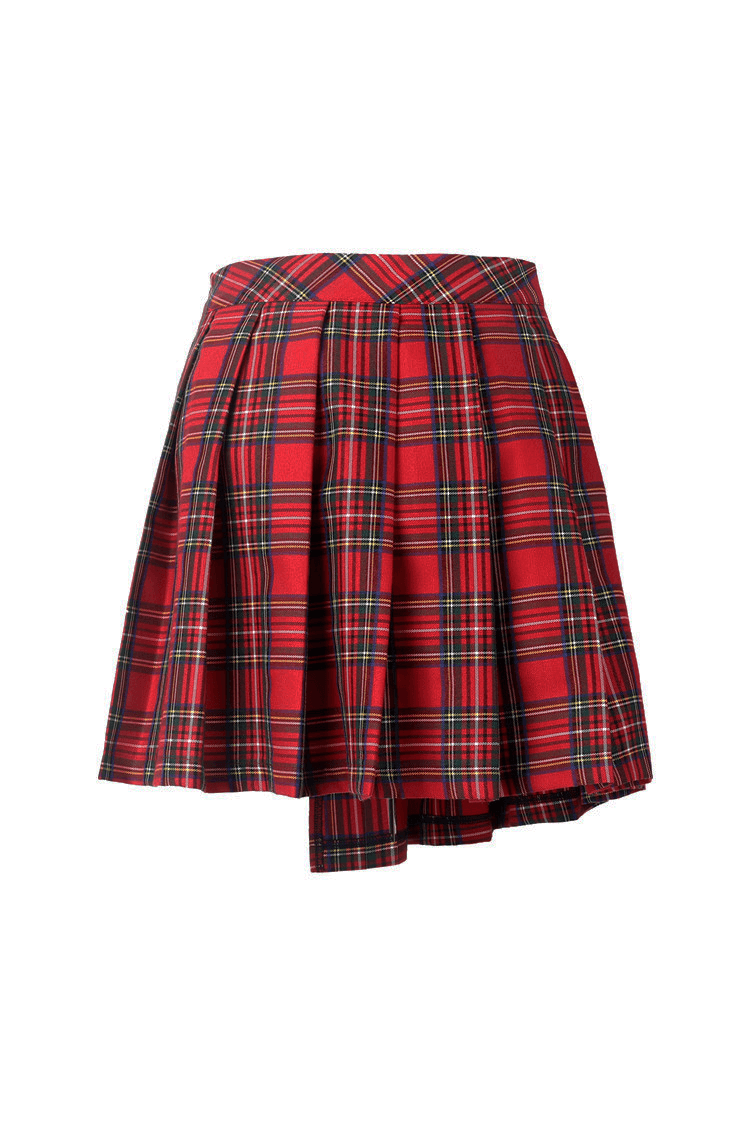 Edgy red and black plaid mini skirt with pleats and asymmetrical hem, perfect for punk rock style outfits.