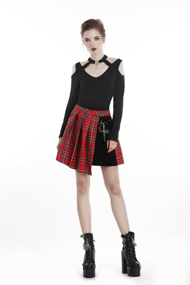 Punk stylish asymmetrical plaid mini skirt in red and black, paired with a chic cold shoulder top and edgy boots.