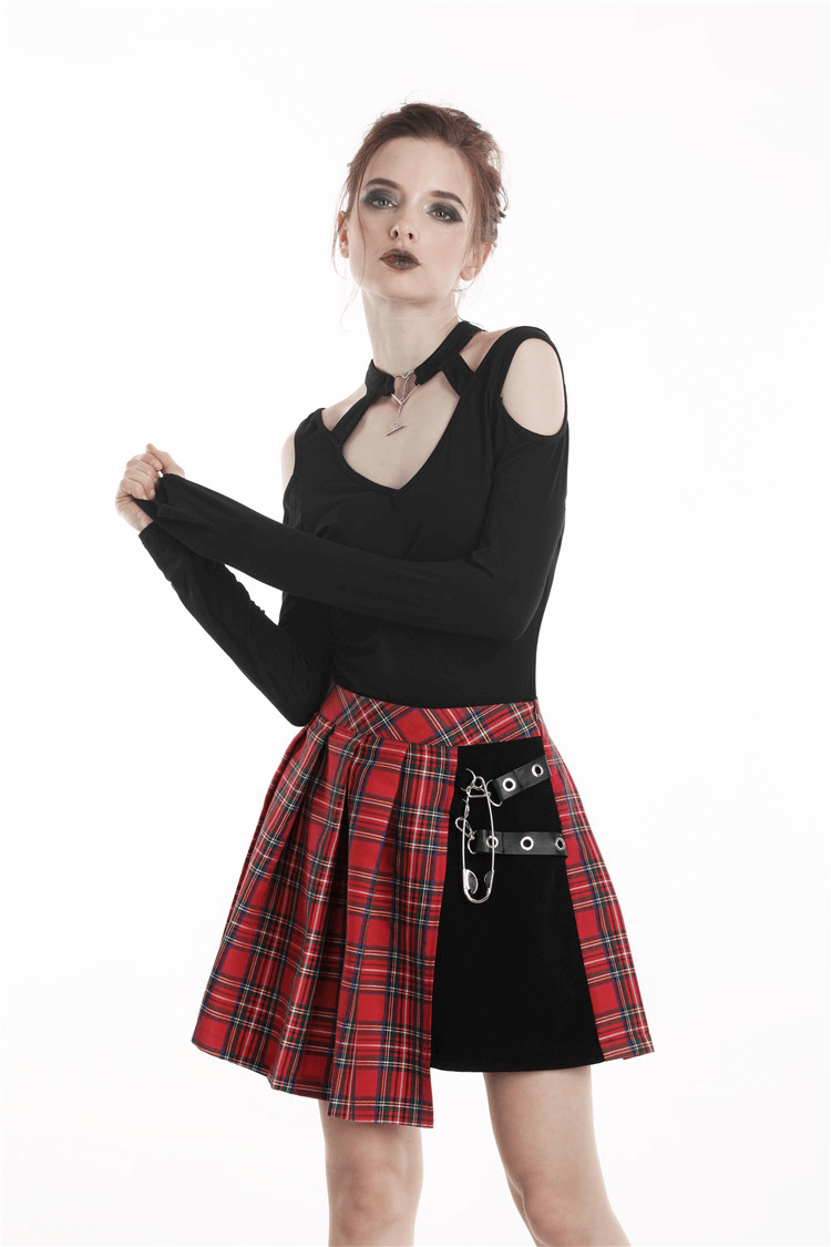 Punk stylish asymmetrical plaid mini skirt in red and black, paired with a chic off-shoulder top.