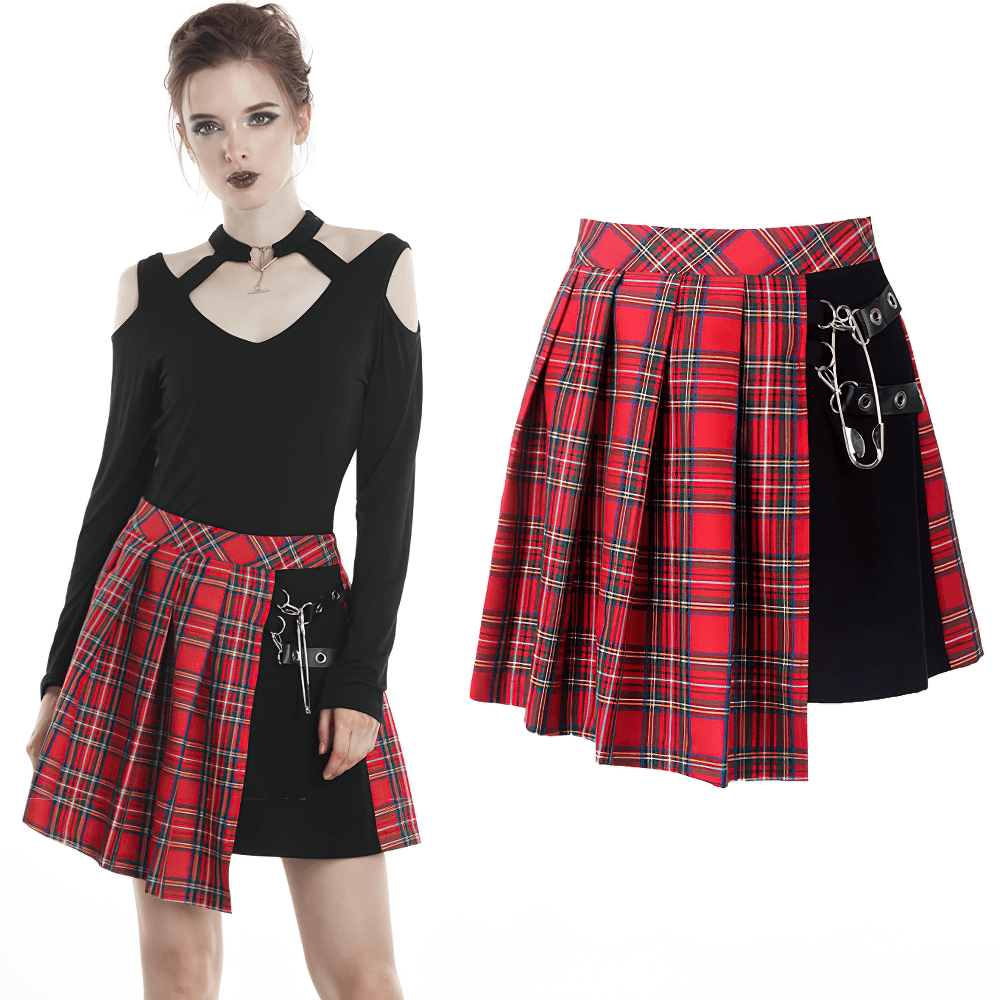 Punk stylish asymmetrical plaid mini skirt in red and black, perfect for edgy looks and music festivals.