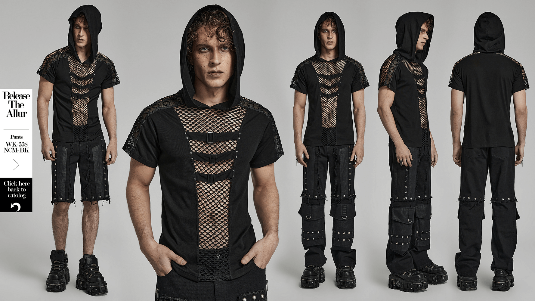 Stylish punk men's black mesh hoodie t-shirt with edgy cutouts and unique shoulder design.