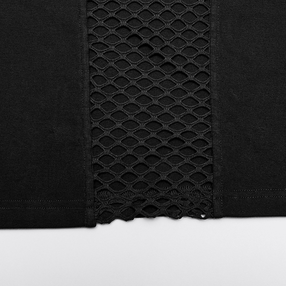 Close-up of black mesh accents on a stylish punk men's hoodie t-shirt showcasing unique cutouts and webbing design.