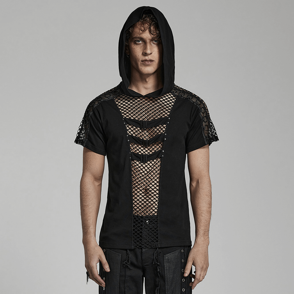 Edgy men's black mesh hoodie t-shirt with stylish cutouts and punk design for a rockstar look.