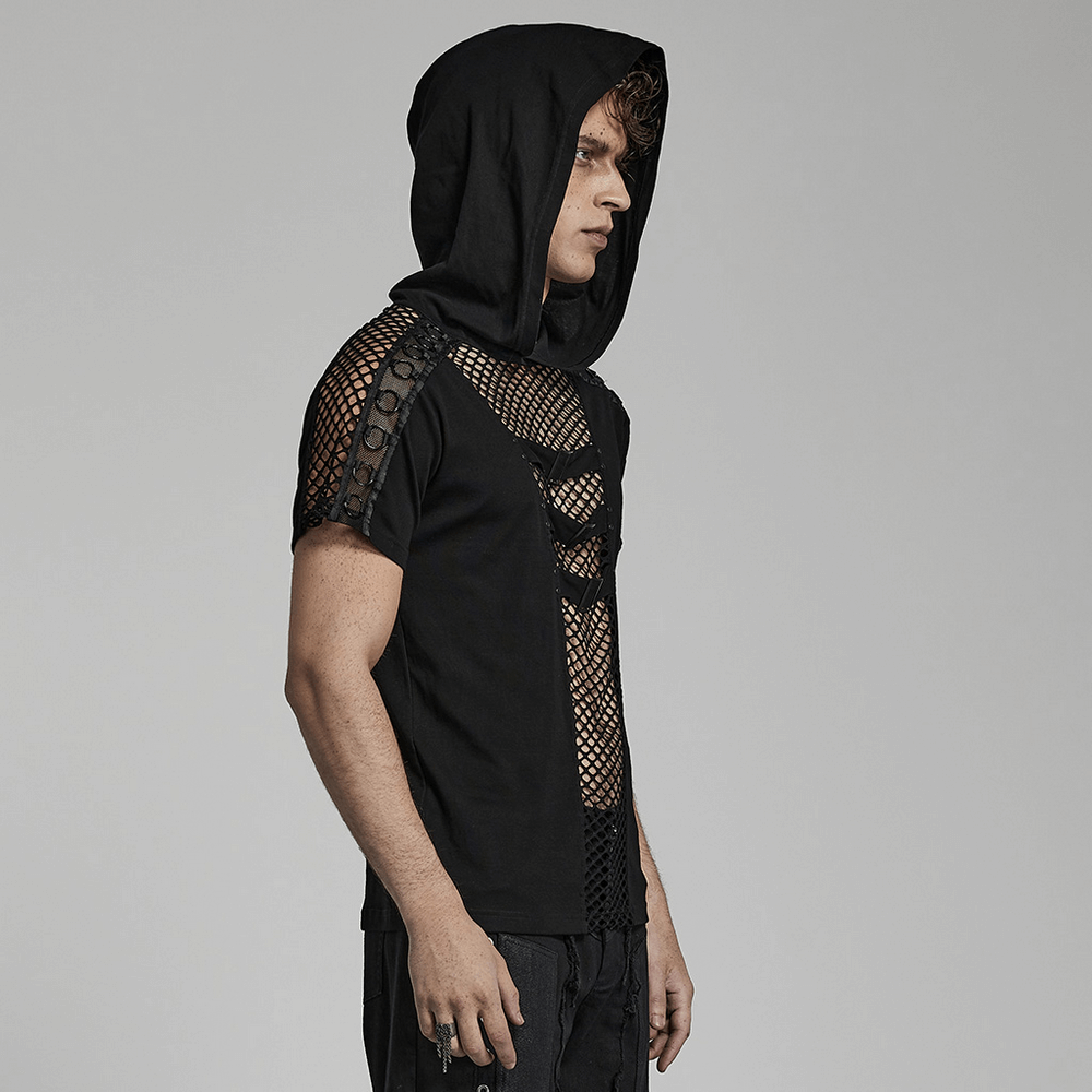 Stylish punk men's black mesh hoodie t-shirt featuring unique cutouts and edgy design, perfect for rockstar vibes.