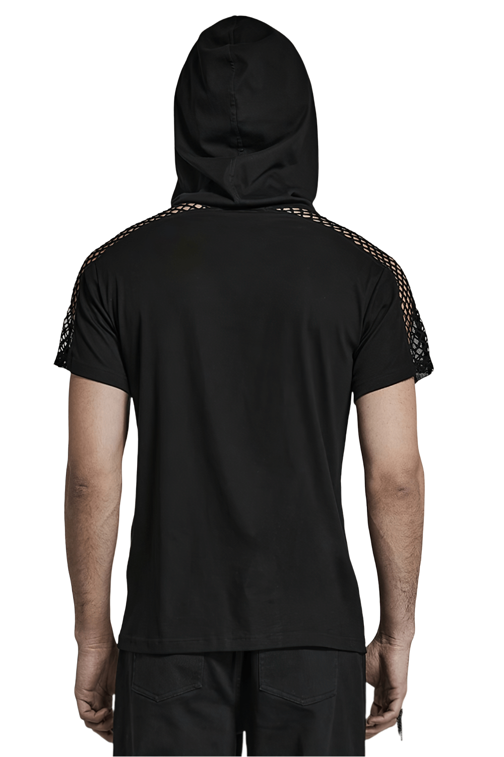 Back view of a men's punk stylish black mesh hoodie t-shirt with unique mesh accents and hood.