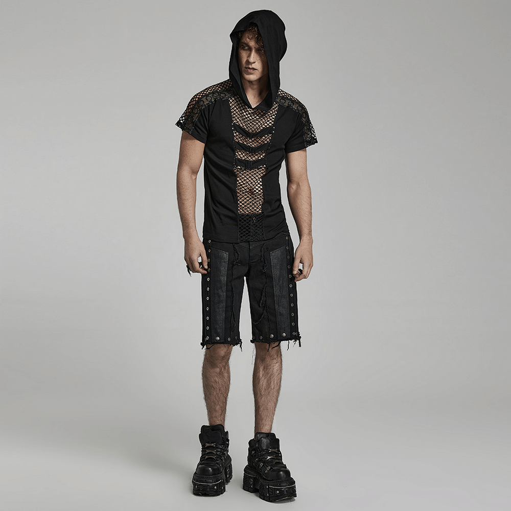 Men's punk black mesh hoodie t-shirt featuring edgy cutouts and stylish straps.