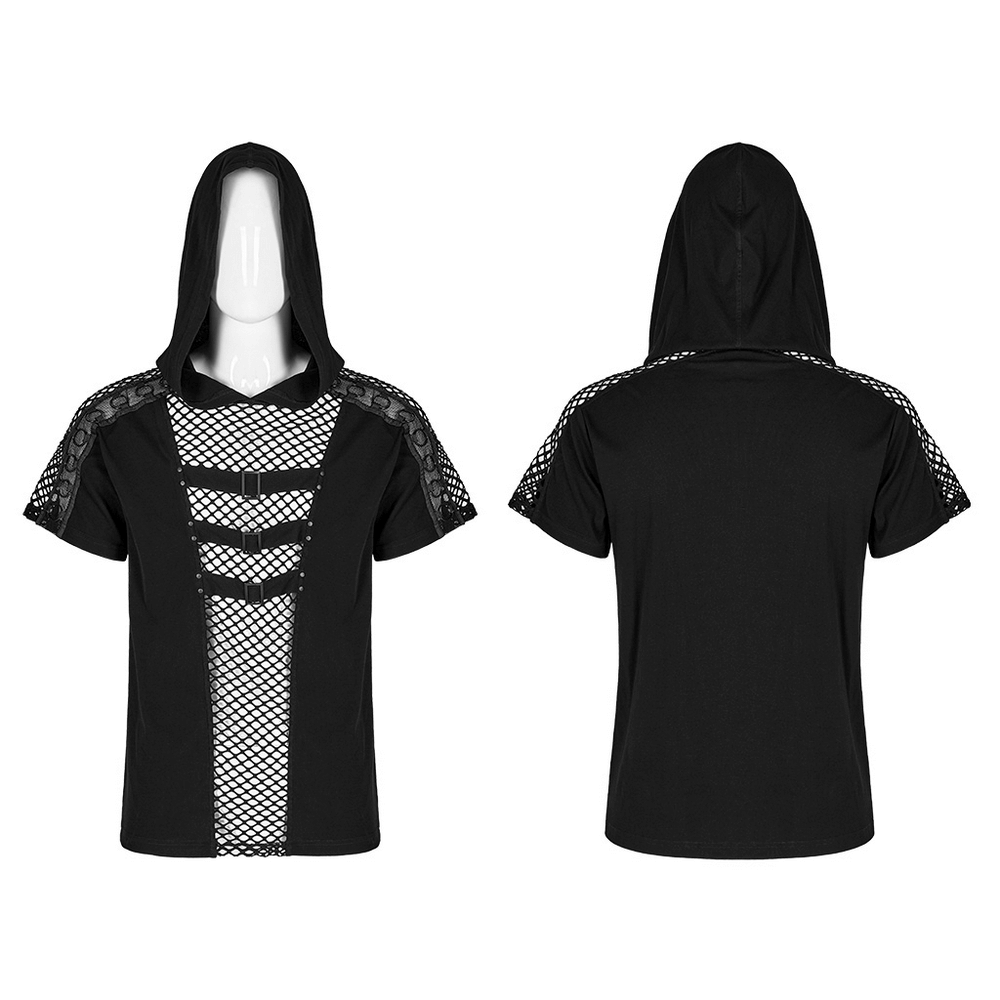 Punk stylish black mesh hoodie t-shirt showcasing edgy design and unique cutouts for a rockstar look.