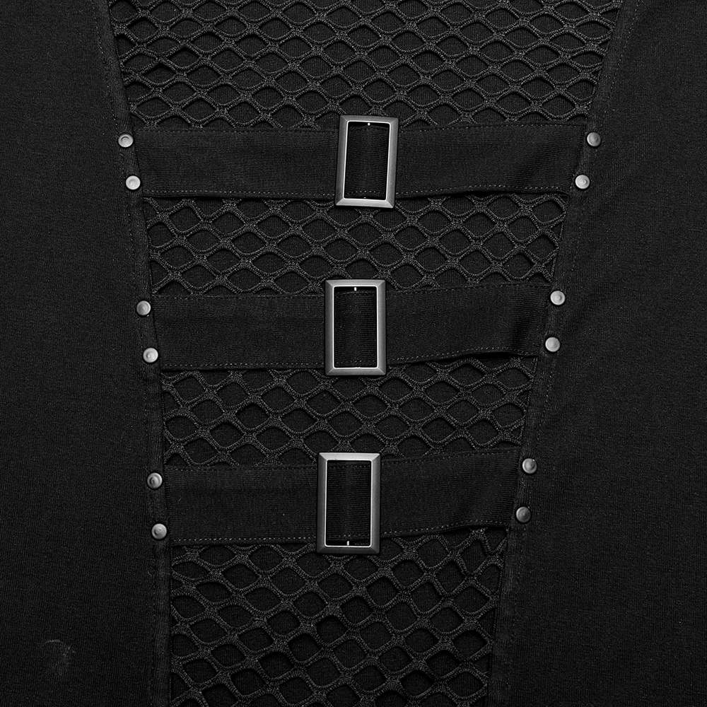 Close-up of black mesh hoodie t-shirt showing zigzag buckles and mesh cutouts for a punk style.