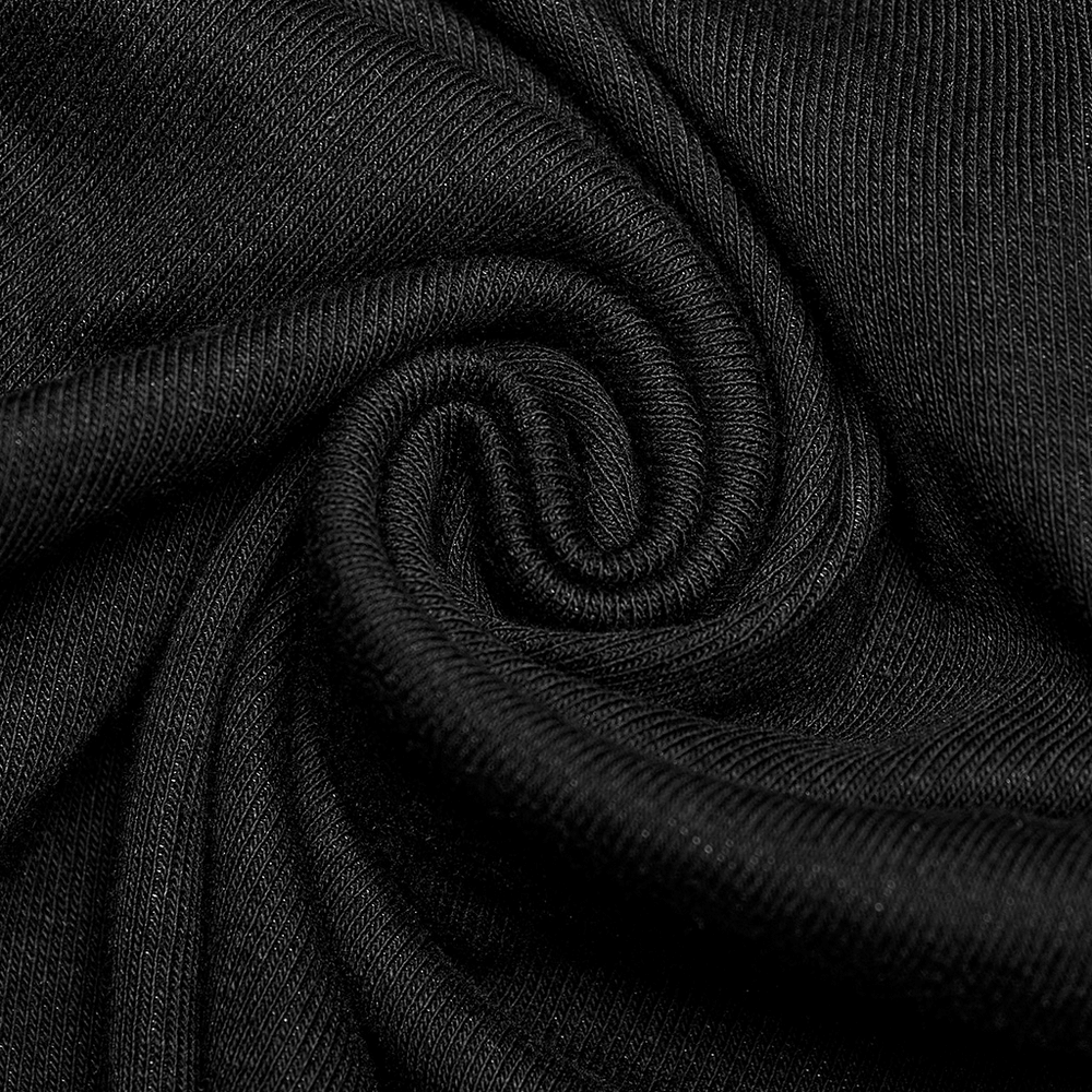 Close-up of black fabric swirl showcasing soft texture, ideal for stylish punk hooded t-shirts.