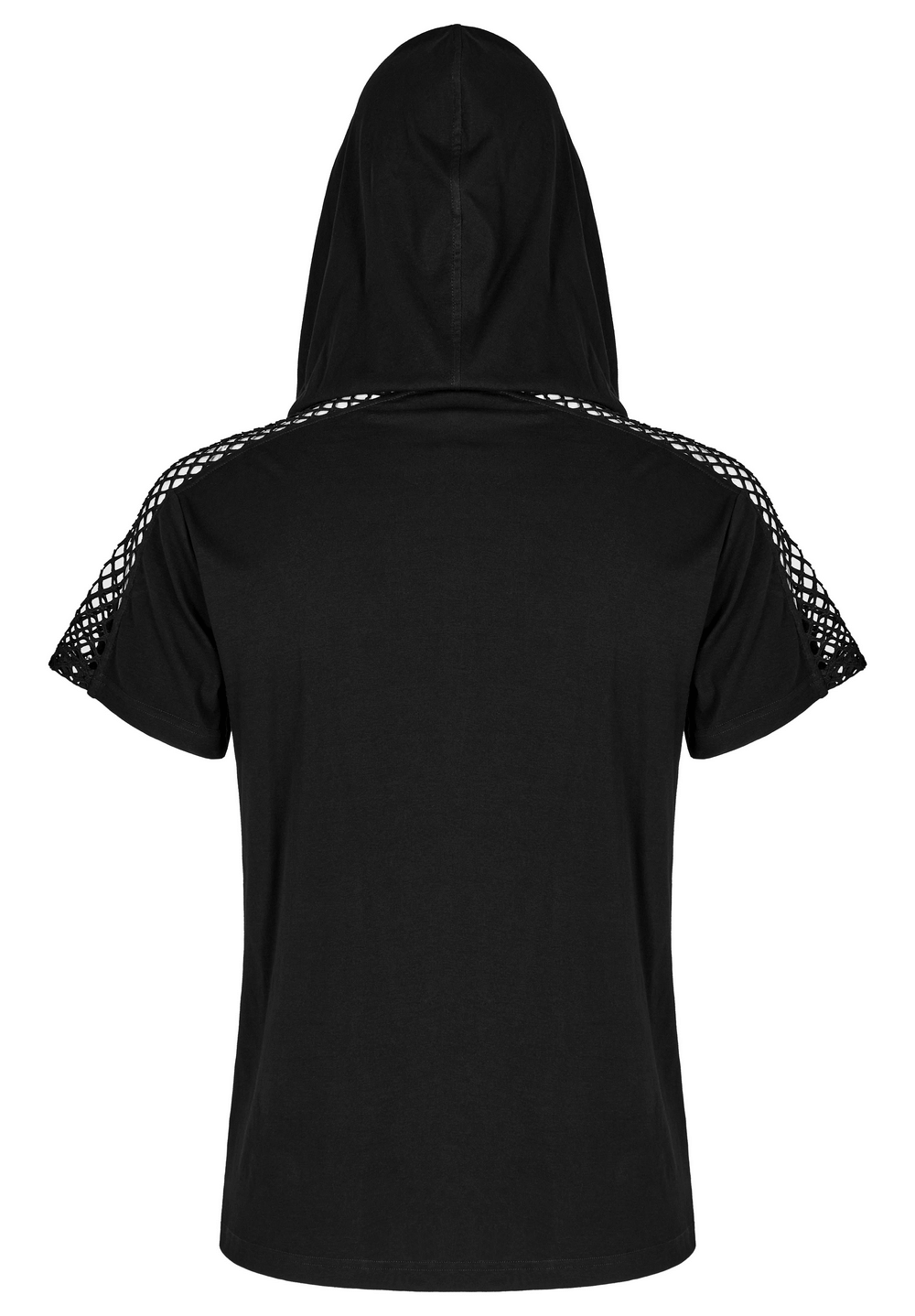 Back view of a stylish black mesh hoodie t-shirt for men with unique design and edgy punk flair.