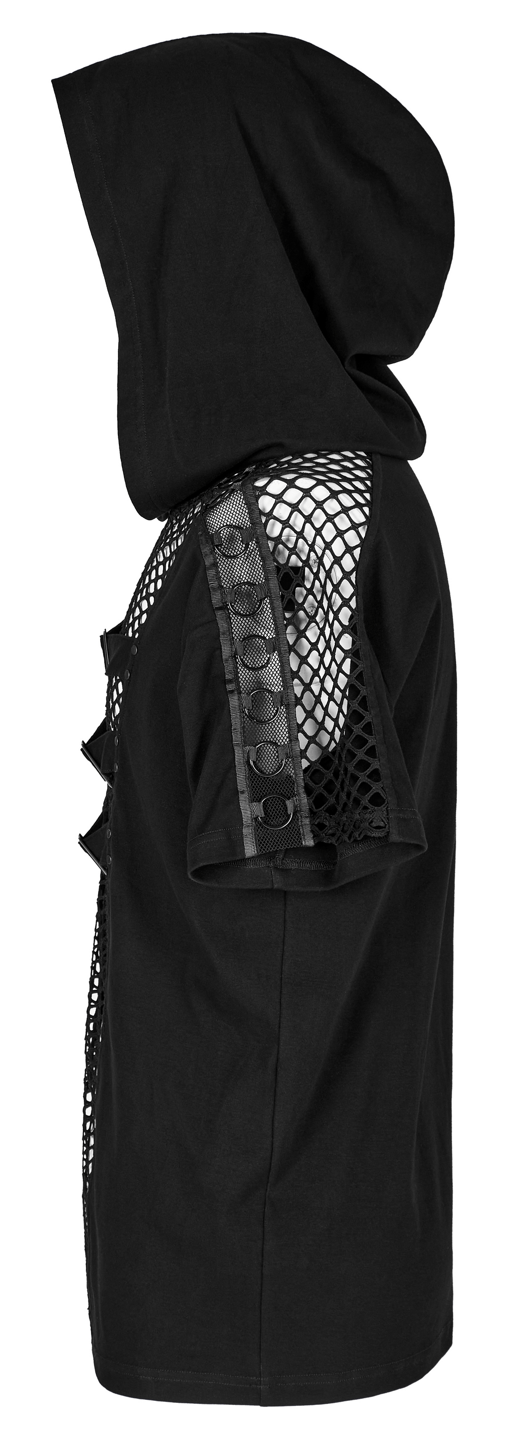 Men's punk black mesh hoodie t-shirt showcasing edgy design with unique mesh accents and stylish buckle details.