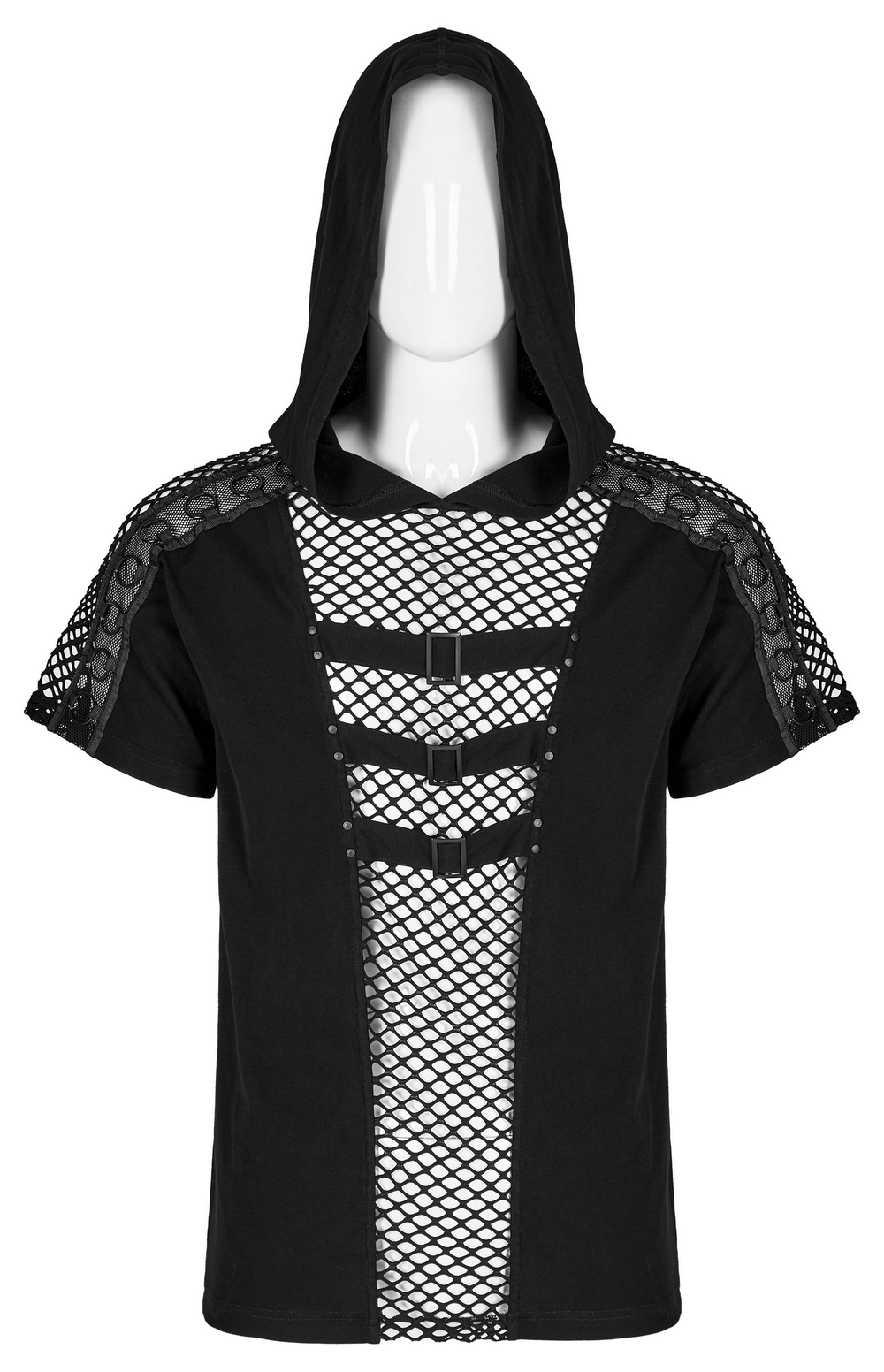 Men's black mesh hoodie t-shirt with punk style accents and creative cutouts for a rockstar look.