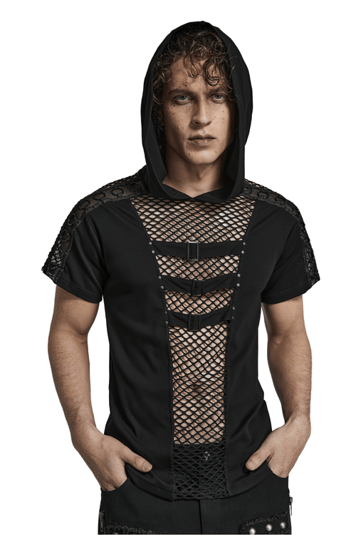 T-shirt à capuche en maille noire pour hommes, Punk élégant