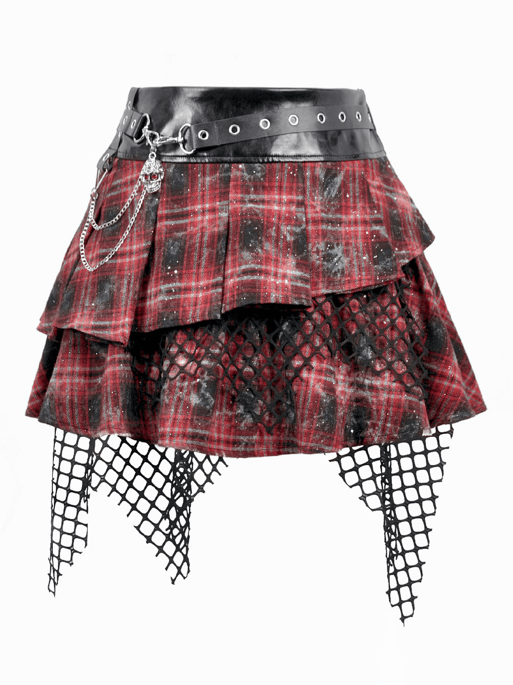 Punk Tartan Layered Mini Skirt with Chain Detail featuring ruffles, fishnet hem, and glossy faux leather waistband.
