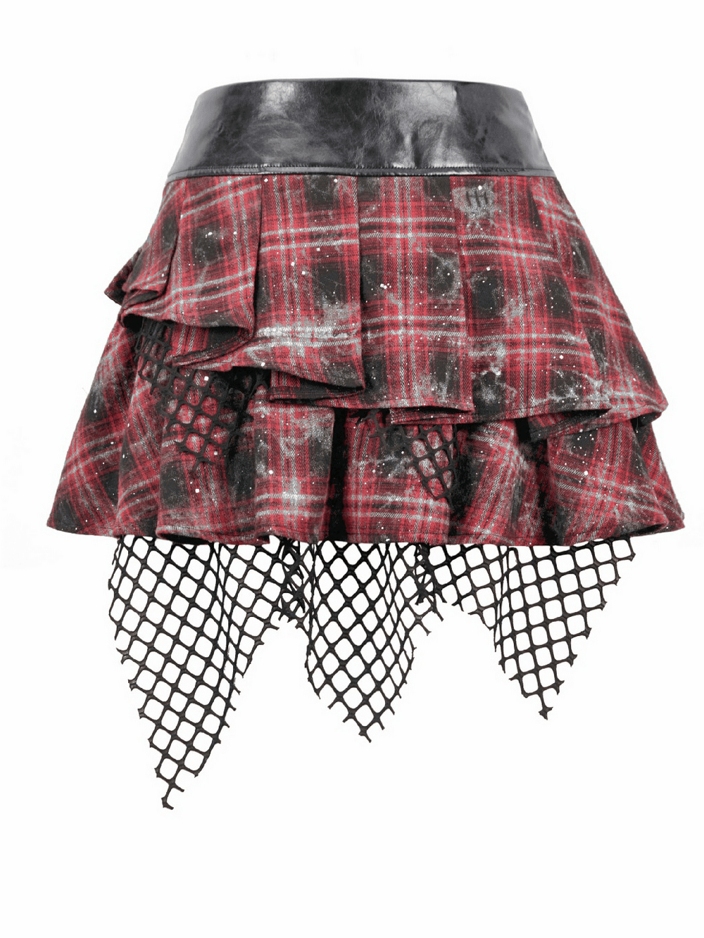 Punk Tartan Layered Mini Skirt with Chain Detail featuring ruffles and fishnet hem for a bold goth look.