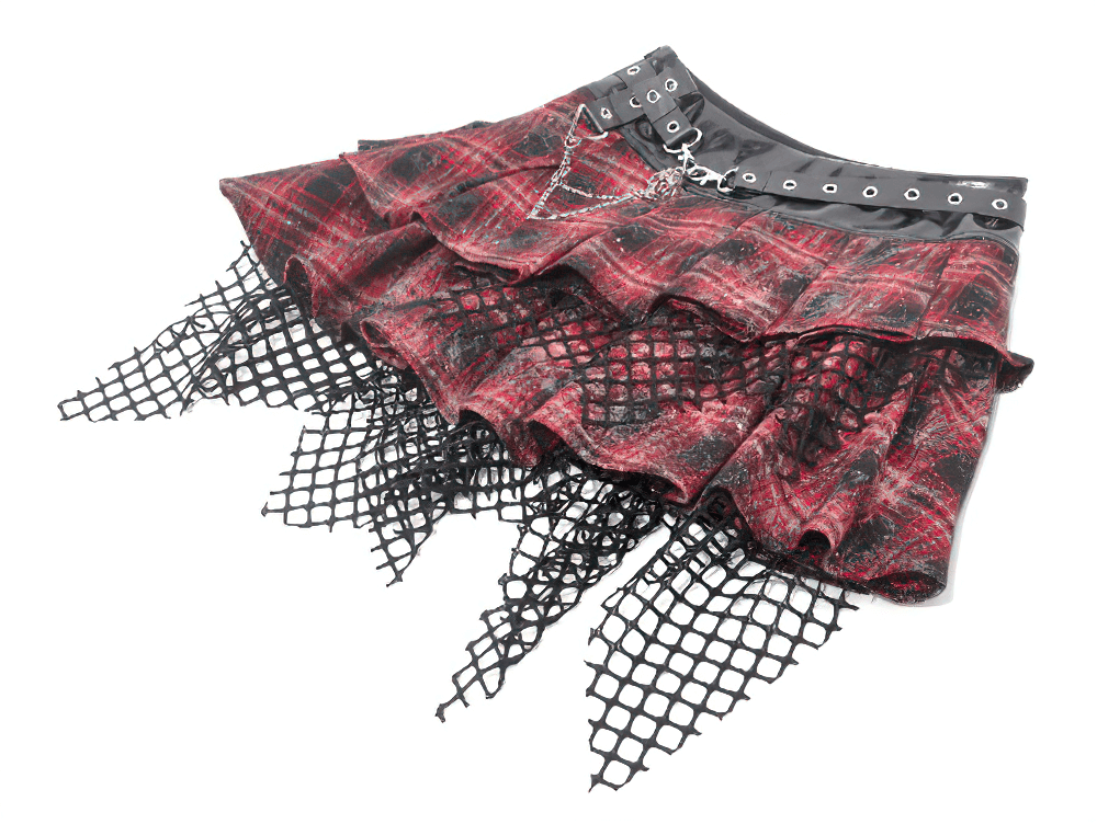 Punk Tartan Layered Mini Skirt with Chain Detail showcasing ruffle layers and fishnet hem in a grunge style.