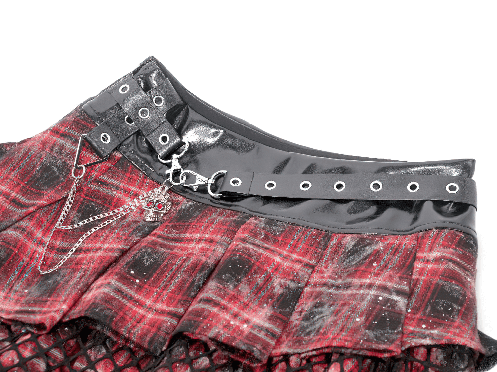 Punk Tartan Layered Mini Skirt with Chain Detail featuring faux leather waistband and ruffled plaid design.
