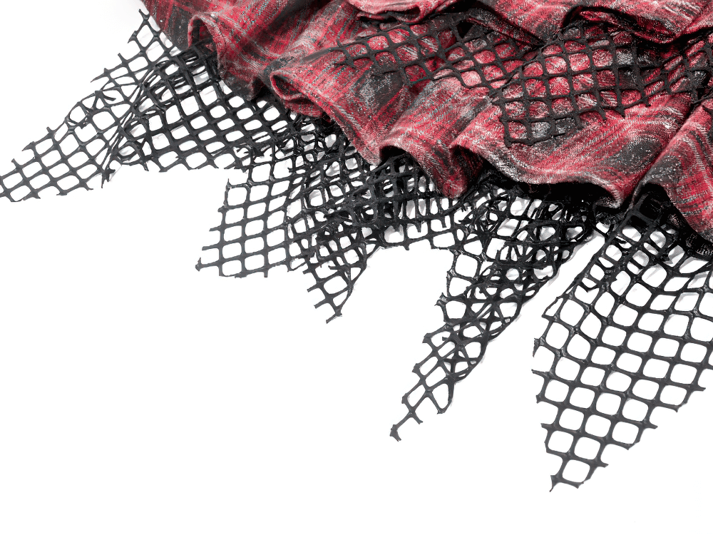 Punk Tartan Layered Mini Skirt with Chain Detail featuring a stylish fishnet hem and layered ruffles for a grunge vibe.
