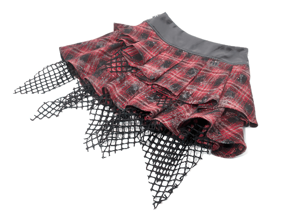 Punk Tartan Layered Mini Skirt with Chain Detail featuring ruffle design and fishnet hem.