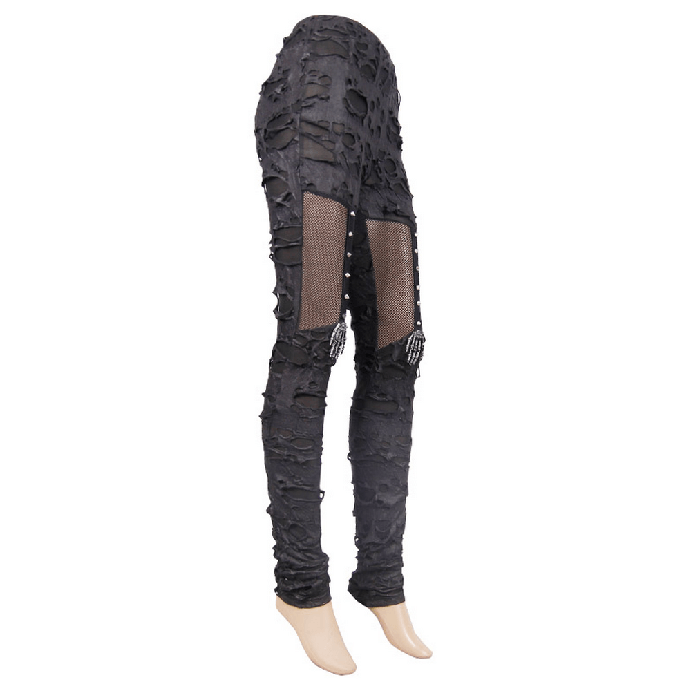 Gothic punk tattered leggings for women, showcasing a stylish black design with torn inserts and mesh panels.